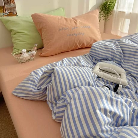 #ブルー ストライプ オレンジ ミックス コットン 布団カバーセット 全2サイズ ベッドカバー オールシーズン