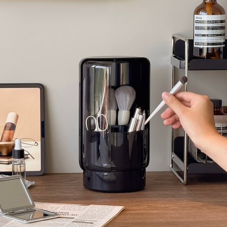 #360度 回転 スライドカバー付き メイク ブラシスタンド 全2色 ペン立て 収納 モノトーン