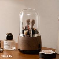 #360度 回転 カバー付き クリア 木目調 ブラシスタンド ペン立て ブラウン ナチュラル ウッド