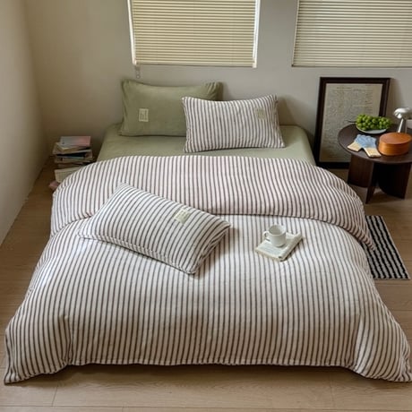 #厚手 ミルクフリース グリーン ミックス ストライプ 冬用 布団カバーセット 全2サイズ