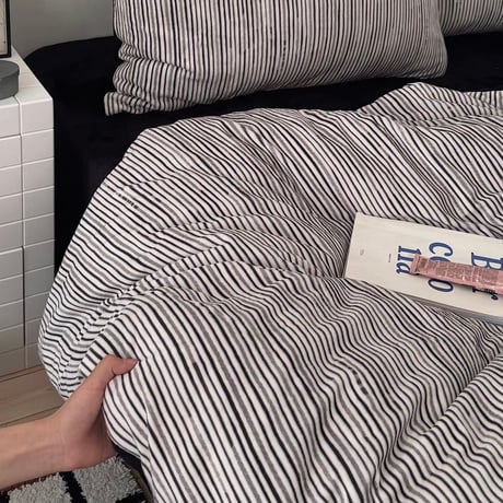 #厚手 ブラック グレー ストライプ 冬用 布団カバーセット 全2サイズ