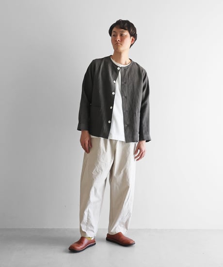 HUIS |オールドレピア天日干しラミーリネンノーカラーシャツジャケット（チャコールグレー）【ユニセックス】010
