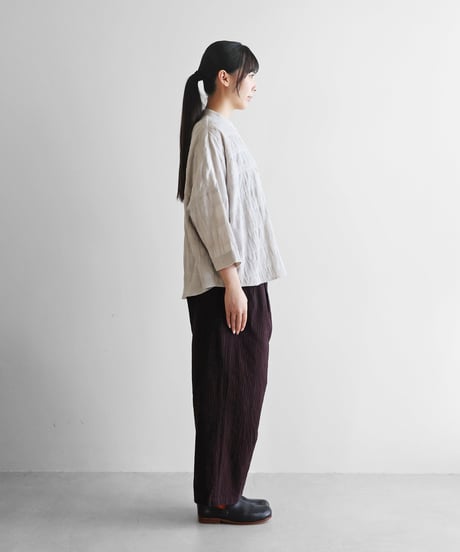 HUIS | やわらかシーチングコットンワイドパンツ（ボルドーブラウンストライプ）【ユニセックス】504