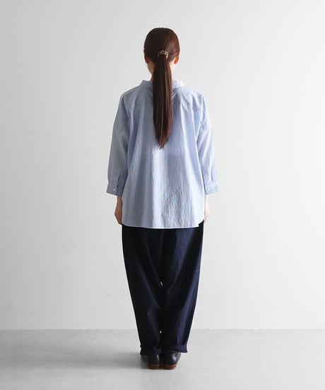HUIS |8分袖なめらかコットンワイドブラウス（ブルーストライプ）【レディス】U108
