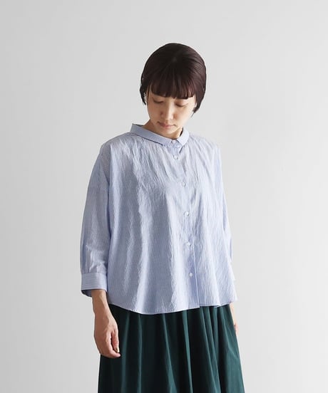HUIS |8分袖なめらかコットンワイドブラウス（ブルーストライプ）【レディス】U108