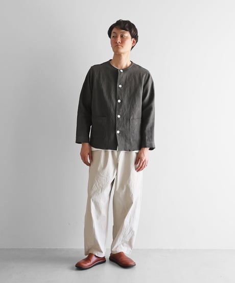 HUIS |オールドレピア天日干しラミーリネンノーカラーシャツジャケット（チャコールグレー）【ユニセックス】010