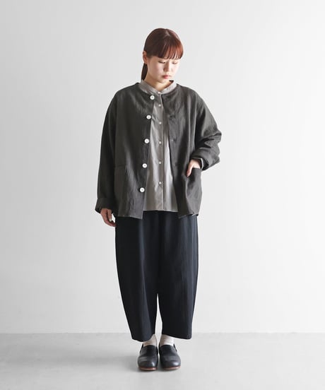 HUIS |オールドレピア天日干しラミーリネンノーカラーシャツジャケット（チャコールグレー）【ユニセックス】010