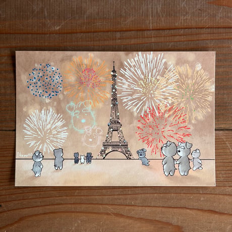 フランス革命記念日（パリ祭）の花火を見るでシュナ（７月）シュナ夫婦フランスへ移住する編12ヶ月シリーズポストカード　 kyotobunguya x ikemotto　オリジナルポストカード