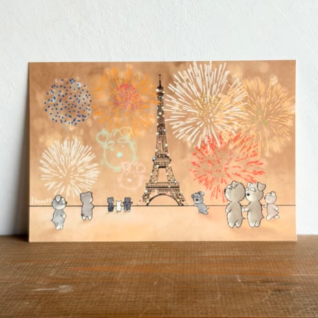 フランス革命記念日（パリ祭）の花火を見るでシュナ（７月）シュナ夫婦フランスへ移住する編12ヶ月シリーズポストカード　 kyotobunguya x ikemotto　オリジナルポストカード