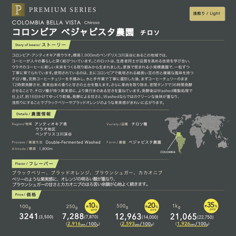 1kg コロンビア ベジャビスタ農園 チロソ種　浅煎り