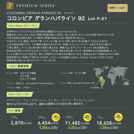 100g コロンビア グランハパライソ92 Lot P-07　浅煎り