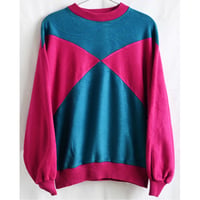 ◯【80's euto vintage】"CV-Charles Dégele" patchwork crew neck fleece-XS / pink × green-(jt-269-13-4)