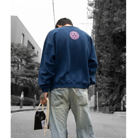 【楔　KUSABI】Flock Logo Crew Sweat - Blue×Pink