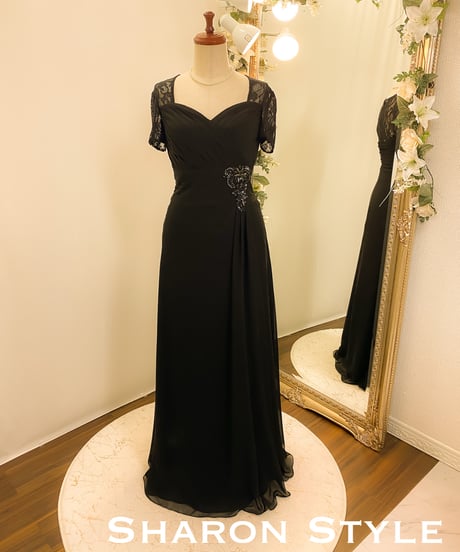 レースハーフスリーブ シフォンAラインドレス　ブラック　M-MLサイズ