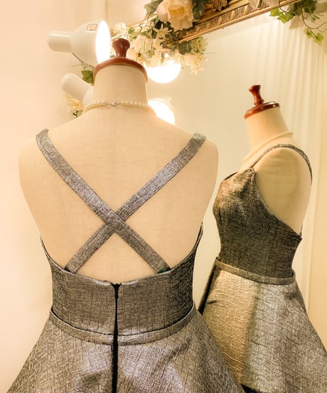 JOVANI オーバースカート 2wayストラップ ジャカードドレス　シルバー　Mサイズ