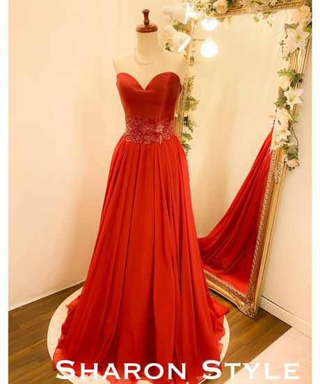 JOVANI ハートシェイプ アップリケベルト Aラインドレス　バーガンディレッド　Mサイズ