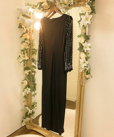 ボートネック シフォン ロングスリーブドレス　ブラック　MLサイズ