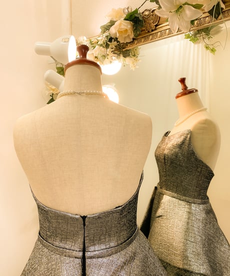 JOVANI オーバースカート 2wayストラップ ジャカードドレス　シルバー　Mサイズ