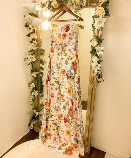 TERANI カラフルフラワープリント Aラインドレス　アイボリー　MLサイズ