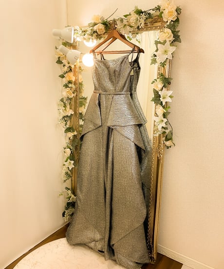 JOVANI オーバースカート 2wayストラップ ジャカードドレス　シルバー　Mサイズ