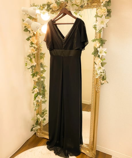 フレアスリーブ シフォンAラインドレス　ブラック　XLサイズ