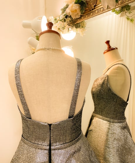 JOVANI オーバースカート 2wayストラップ ジャカードドレス　シルバー　Mサイズ