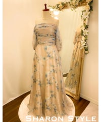 2way ハーフスリーブ プリントシフォンドレス　ベージュ×ブルー　XLサイズ