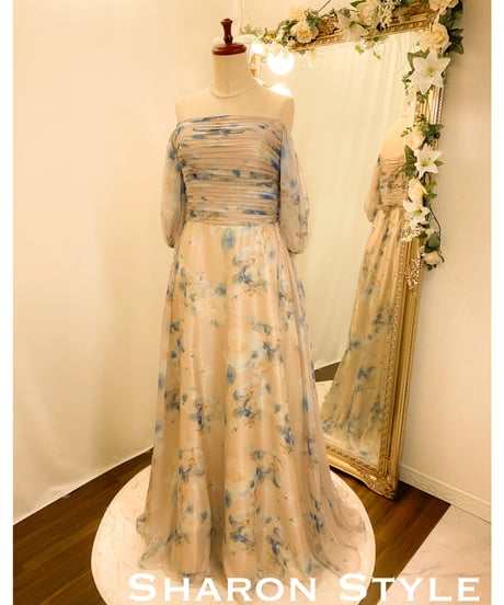 2way ハーフスリーブ プリントシフォンドレス　ベージュ×ブルー　XLサイズ