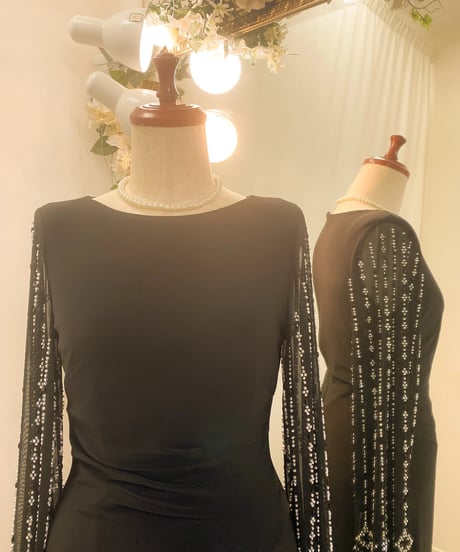 ボートネック シフォン ロングスリーブドレス　ブラック　MLサイズ