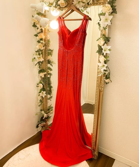 グラデーション ラインストーン フィットドレス　レッド　MLサイズ