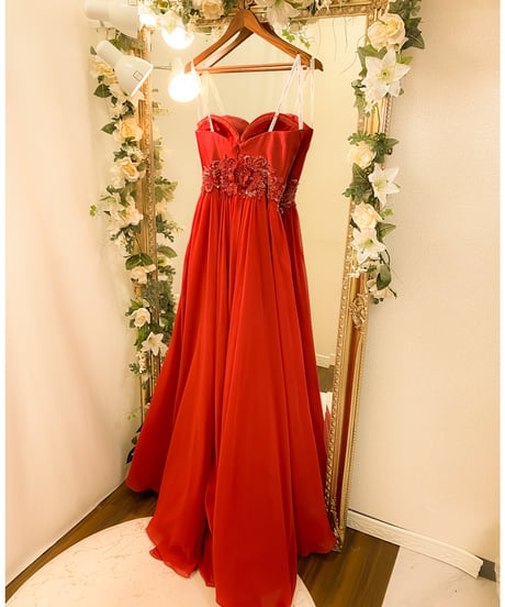 JOVANI ハートシェイプ アップリケベルト Aラインドレス　バーガンディレッド　Mサイズ