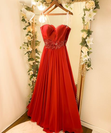 JOVANI ハートシェイプ アップリケベルト Aラインドレス　バーガンディレッド　Mサイズ