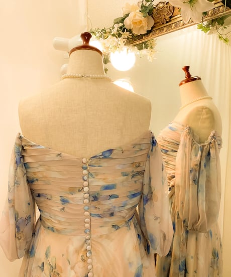 2way ハーフスリーブ プリントシフォンドレス　ベージュ×ブルー　XLサイズ