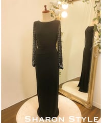 ボートネック シフォン ロングスリーブドレス　ブラック　MLサイズ