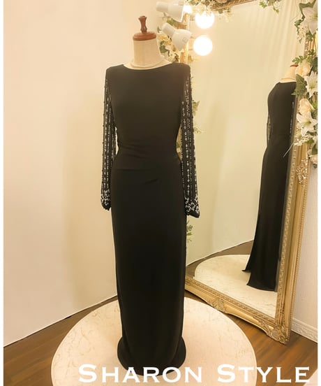 ボートネック シフォン ロングスリーブドレス　ブラック　MLサイズ