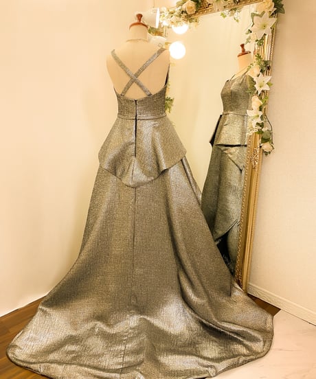 JOVANI オーバースカート 2wayストラップ ジャカードドレス　シルバー　Mサイズ