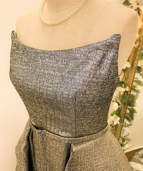 JOVANI オーバースカート 2wayストラップ ジャカードドレス　シルバー　Mサイズ