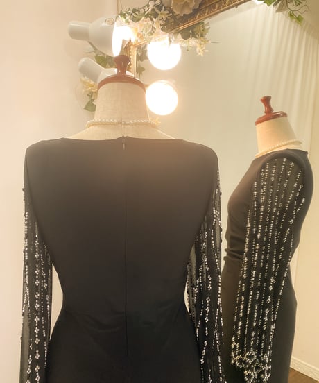 ボートネック シフォン ロングスリーブドレス　ブラック　MLサイズ