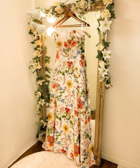 TERANI カラフルフラワープリント Aラインドレス　アイボリー　MLサイズ