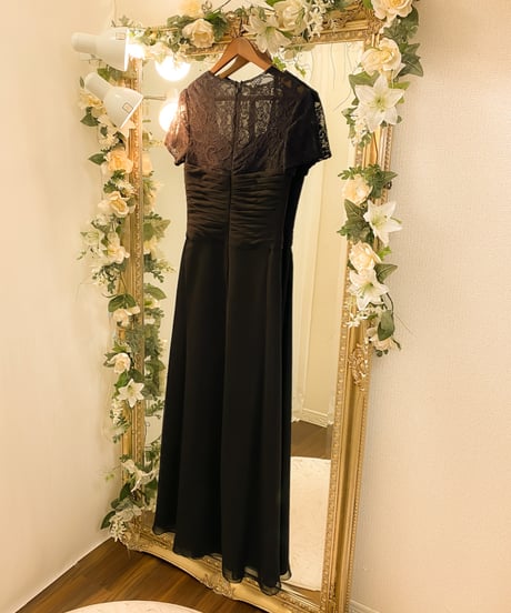 レースハーフスリーブ シフォンAラインドレス　ブラック　M-MLサイズ