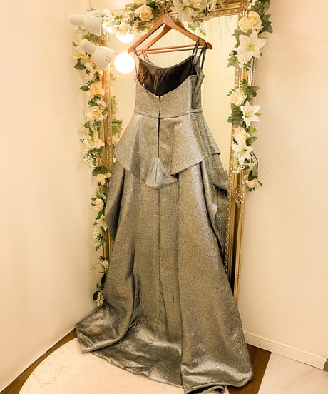JOVANI オーバースカート 2wayストラップ ジャカードドレス　シルバー　Mサイズ