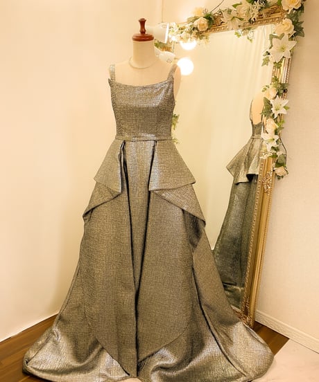 JOVANI オーバースカート 2wayストラップ ジャカードドレス　シルバー　Mサイズ