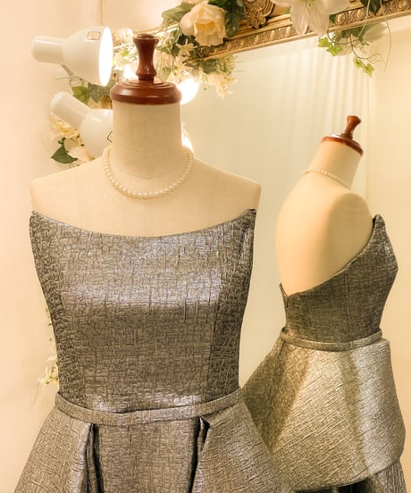 JOVANI オーバースカート 2wayストラップ ジャカードドレス　シルバー　Mサイズ