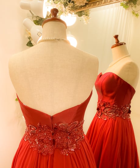 JOVANI ハートシェイプ アップリケベルト Aラインドレス　バーガンディレッド　Mサイズ