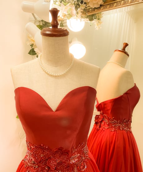 JOVANI ハートシェイプ アップリケベルト Aラインドレス　バーガンディレッド　Mサイズ