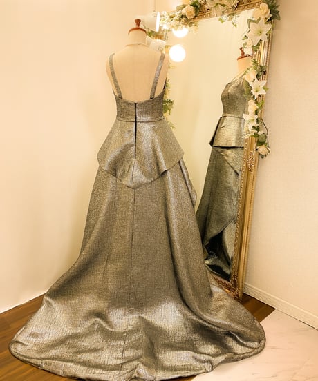 JOVANI オーバースカート 2wayストラップ ジャカードドレス　シルバー　Mサイズ