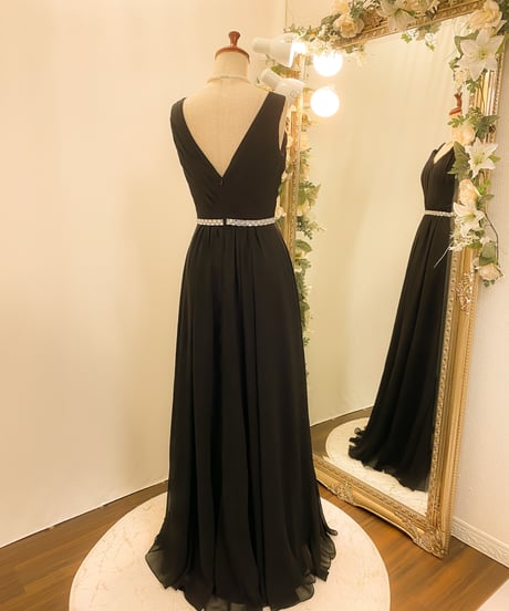 Vネック ストーンベルト プリーツシフォンドレス　ブラック　S-Mサイズ