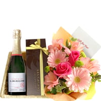 誕生日 いい夫婦 お祝い 花 ワイン スイーツ ギフトセット プレゼント シャンパン フランス プルミエ・クリュ 375ml 辛口 ハーフボトル LES CACAOS 焼き菓子 生花 ピンク バラ