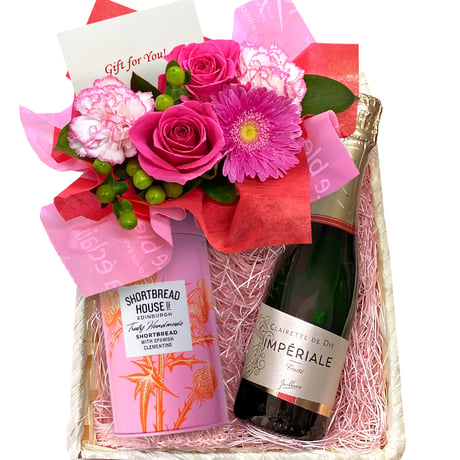 誕生日 お花 生花 プレゼント ワイン スイーツ ギフト フランス スパークリングワイン やや甘口 泡 白 375ml ショートブレッド フラワーアレンジメント ピンク バラ カーネーション
