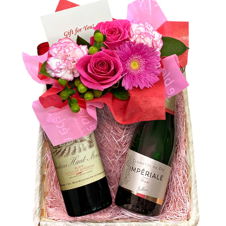 【クール便でお届け】お花 生花 ギフト ワイン ハーフボトル 2本 フランス スパークリング 泡 白 375ml 赤ワイン ボルドー フラワーアレンジメント ピンク バラ カーネーション